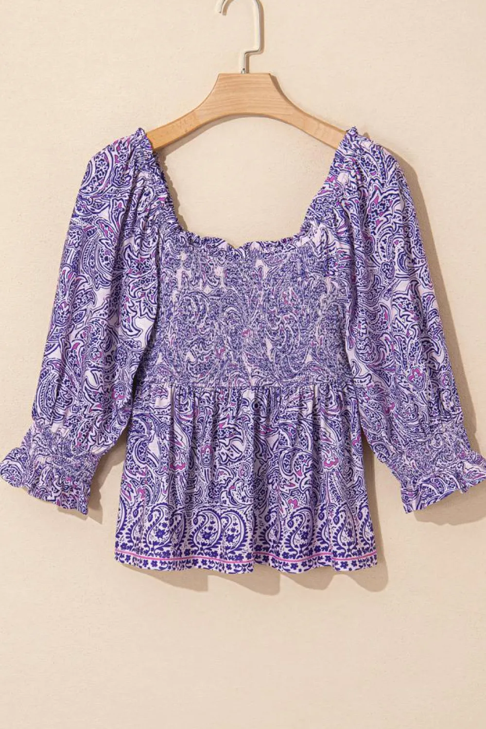 Hot Dear-Lover Boho Paisley Print Half Sleeve Shirred Peplum Blouse Purple
