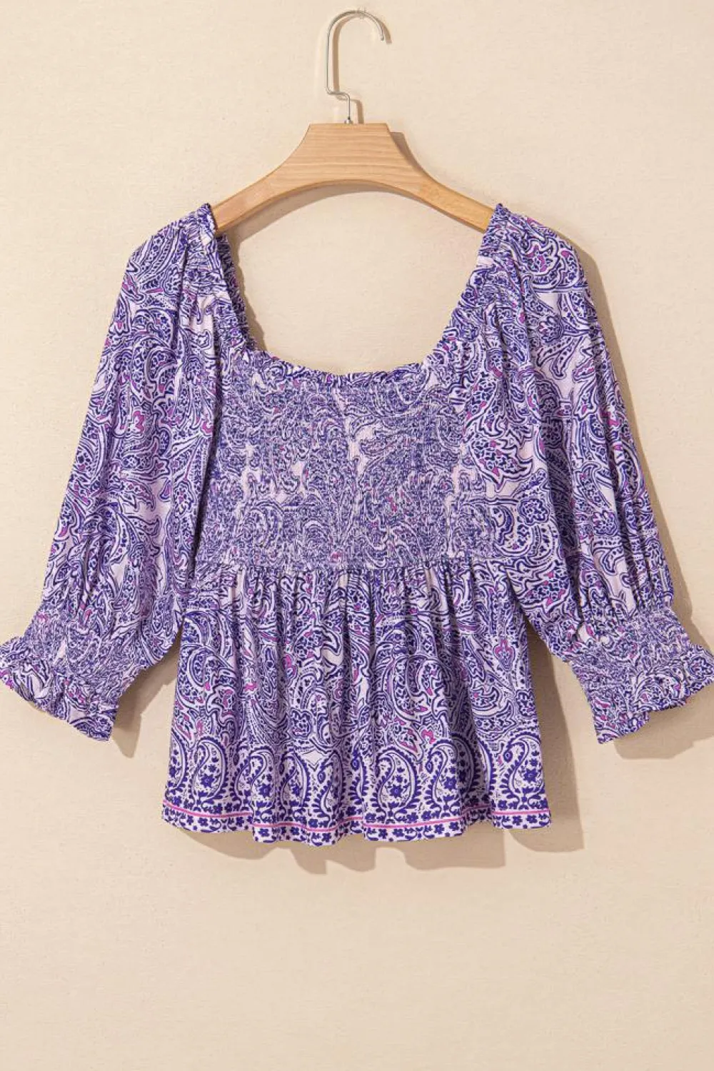 Hot Dear-Lover Boho Paisley Print Half Sleeve Shirred Peplum Blouse Purple