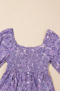 Hot Dear-Lover Boho Paisley Print Half Sleeve Shirred Peplum Blouse Purple