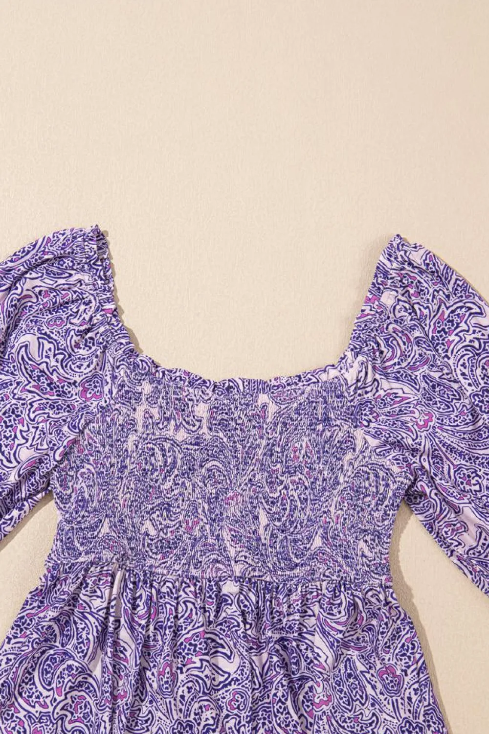 Hot Dear-Lover Boho Paisley Print Half Sleeve Shirred Peplum Blouse Purple