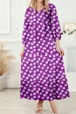 Hot Dear-Lover Boho Printed Half Sleeve Maxi Dress Purple