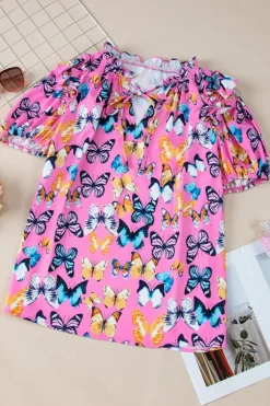 New Dear-Lover Butterfly Print Ruffled Puff Sleeve Tied V Neck Blouse Purple