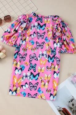New Dear-Lover Butterfly Print Ruffled Puff Sleeve Tied V Neck Blouse Purple
