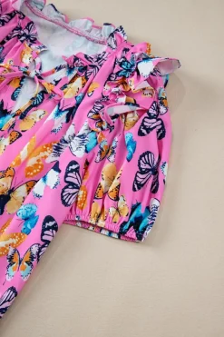 New Dear-Lover Butterfly Print Ruffled Puff Sleeve Tied V Neck Blouse Purple