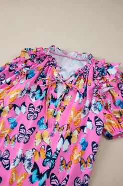 New Dear-Lover Butterfly Print Ruffled Puff Sleeve Tied V Neck Blouse Purple