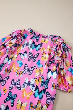 New Dear-Lover Butterfly Print Ruffled Puff Sleeve Tied V Neck Blouse Purple