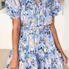 Clearance Dear-Lover Butterfly Print Short Puff Sleeve Pleated Ruffle Dress Purple