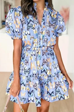 Clearance Dear-Lover Butterfly Print Short Puff Sleeve Pleated Ruffle Dress Purple