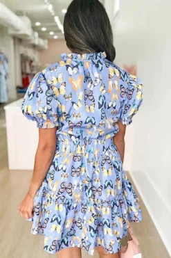 Clearance Dear-Lover Butterfly Print Short Puff Sleeve Pleated Ruffle Dress Purple