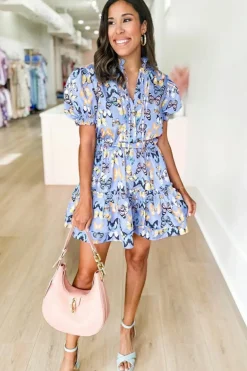 Clearance Dear-Lover Butterfly Print Short Puff Sleeve Pleated Ruffle Dress Purple