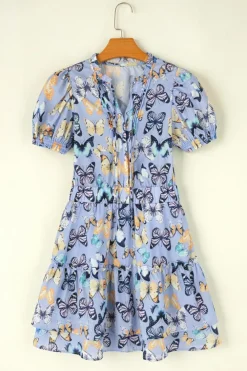 Clearance Dear-Lover Butterfly Print Short Puff Sleeve Pleated Ruffle Dress Purple