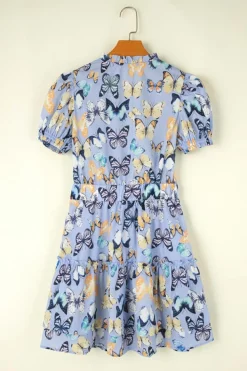 Clearance Dear-Lover Butterfly Print Short Puff Sleeve Pleated Ruffle Dress Purple
