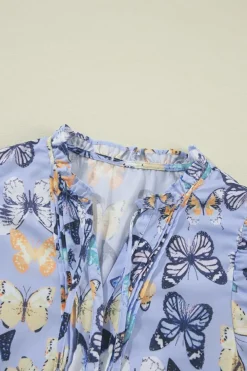 Clearance Dear-Lover Butterfly Print Short Puff Sleeve Pleated Ruffle Dress Purple
