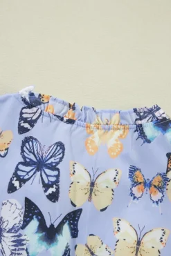 Clearance Dear-Lover Butterfly Print Short Puff Sleeve Pleated Ruffle Dress Purple