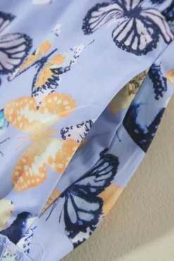 Clearance Dear-Lover Butterfly Print Short Puff Sleeve Pleated Ruffle Dress Purple