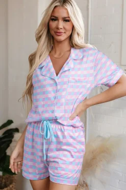 Fashion Dear-Lover Checkered Pattern Short Sleeve Pajamas Set Purple