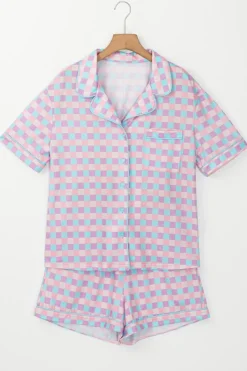 Fashion Dear-Lover Checkered Pattern Short Sleeve Pajamas Set Purple