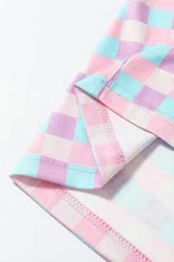 Fashion Dear-Lover Checkered Pattern Short Sleeve Pajamas Set Purple