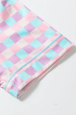 Fashion Dear-Lover Checkered Pattern Short Sleeve Pajamas Set Purple