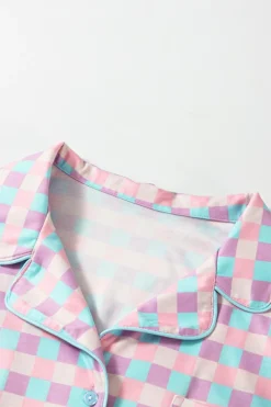 Fashion Dear-Lover Checkered Pattern Short Sleeve Pajamas Set Purple