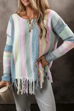 Online Dear-Lover Color Block Fringed Drop Shoulder Tunic Sweater Purple