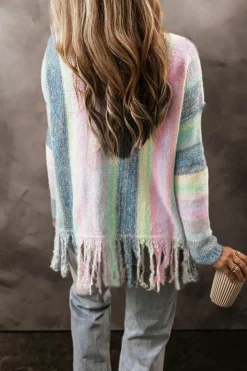 Online Dear-Lover Color Block Fringed Drop Shoulder Tunic Sweater Purple