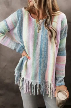 Online Dear-Lover Color Block Fringed Drop Shoulder Tunic Sweater Purple