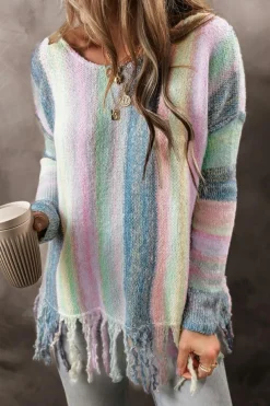 Online Dear-Lover Color Block Fringed Drop Shoulder Tunic Sweater Purple