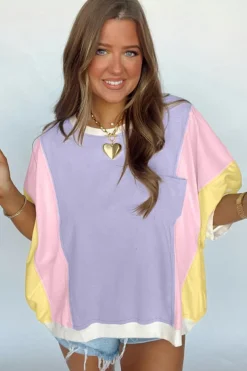 Clearance Dear-Lover Color Block Patchwork Half Sleeve Oversized T Shirt Purple