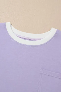 Clearance Dear-Lover Color Block Patchwork Half Sleeve Oversized T Shirt Purple