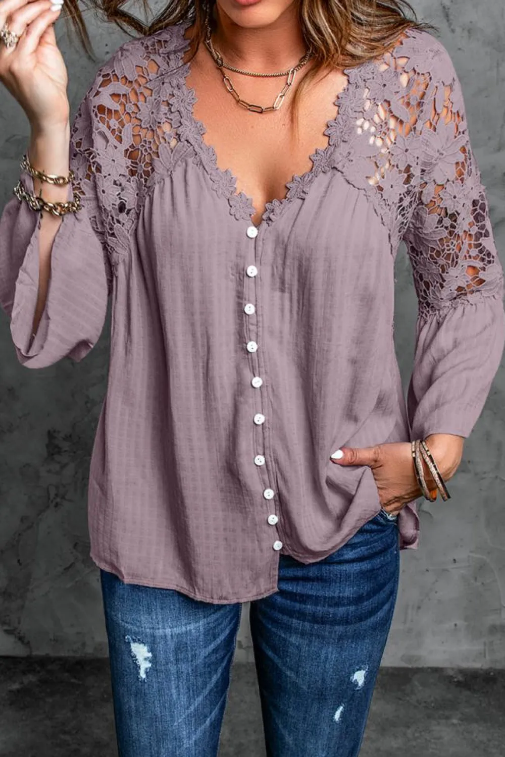 Discount Dear-Lover Crochet Lace Button Top Purple