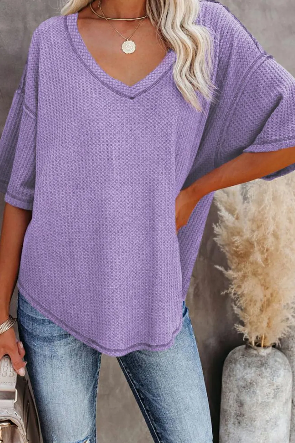 Best Dear-Lover Exposed Seam Half Sleeve Knitted V Neck Textured Top Purple