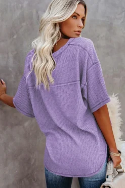 Best Dear-Lover Exposed Seam Half Sleeve Knitted V Neck Textured Top Purple