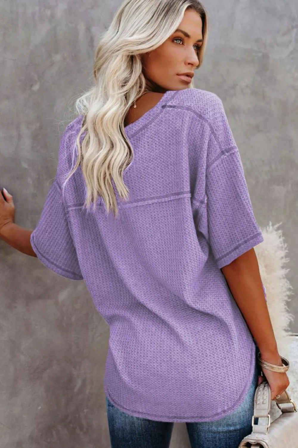 Best Dear-Lover Exposed Seam Half Sleeve Knitted V Neck Textured Top Purple
