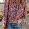 Online Dear-Lover Floral Allover Print Shirred Cuff Frilled O Neck Blouse Purple