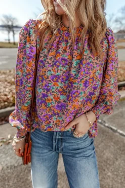 Online Dear-Lover Floral Allover Print Shirred Cuff Frilled O Neck Blouse Purple