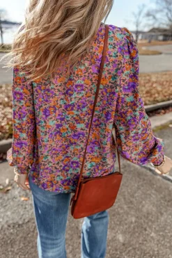 Online Dear-Lover Floral Allover Print Shirred Cuff Frilled O Neck Blouse Purple