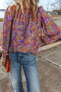 Online Dear-Lover Floral Allover Print Shirred Cuff Frilled O Neck Blouse Purple