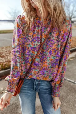 Online Dear-Lover Floral Allover Print Shirred Cuff Frilled O Neck Blouse Purple