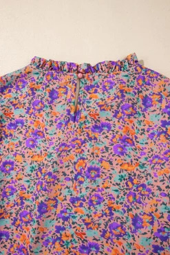 Online Dear-Lover Floral Allover Print Shirred Cuff Frilled O Neck Blouse Purple