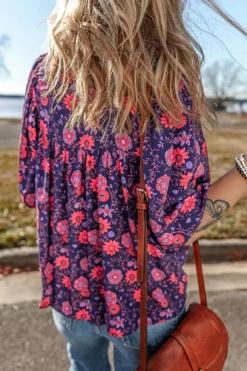 Hot Dear-Lover Floral Half Sleeve Split Neck Blouse Top Purple