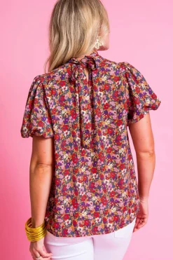 Outlet Dear-Lover Floral Print Knotted High Neck Puff Sleeve Blouse Purple