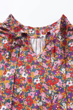 Outlet Dear-Lover Floral Print Knotted High Neck Puff Sleeve Blouse Purple
