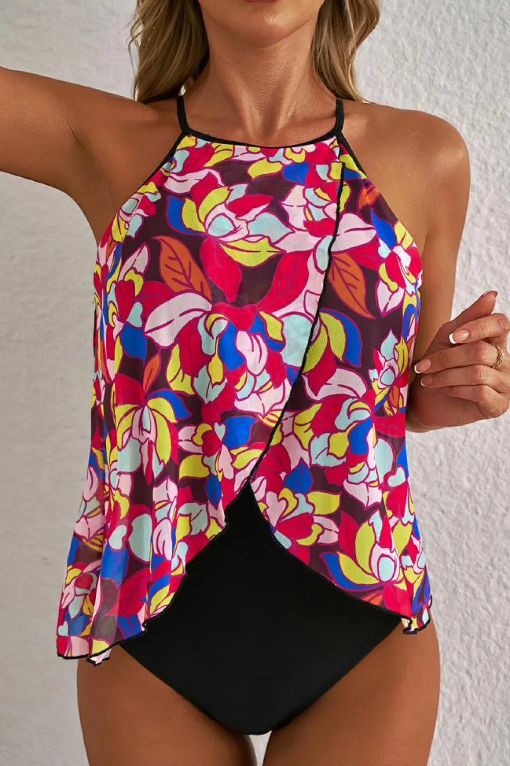 New Dear-Lover Floral Print O Neck Open Back One Piece Swimsuit Purple
