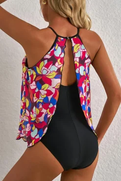 New Dear-Lover Floral Print O Neck Open Back One Piece Swimsuit Purple