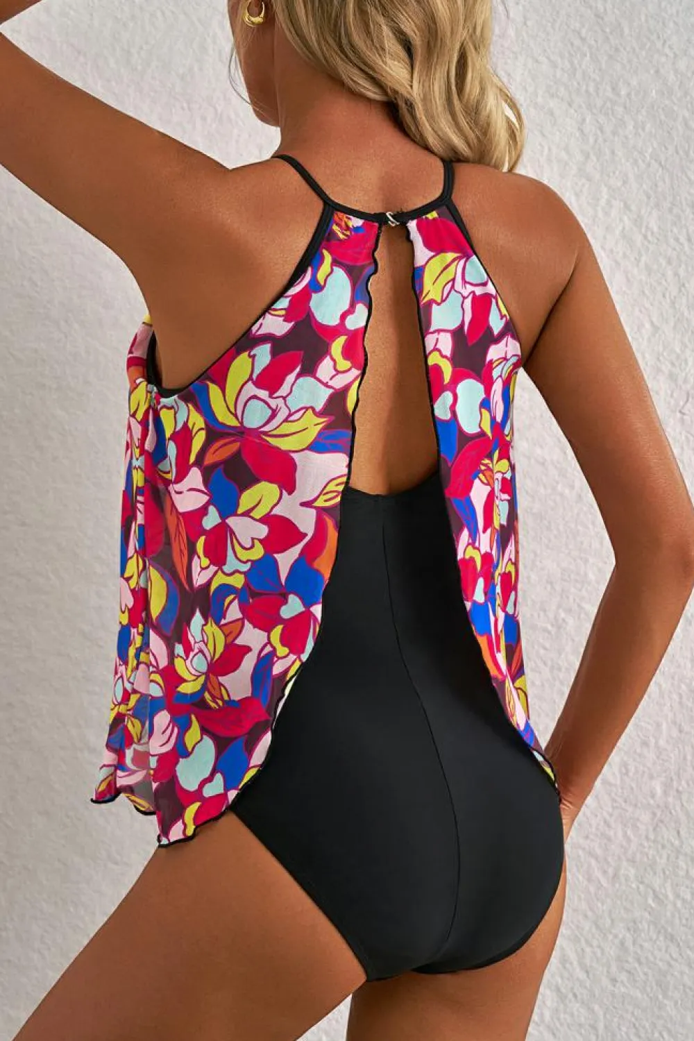 New Dear-Lover Floral Print O Neck Open Back One Piece Swimsuit Purple