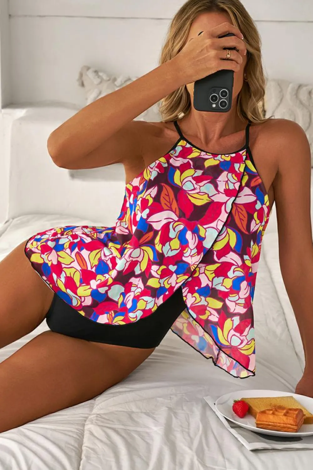 New Dear-Lover Floral Print O Neck Open Back One Piece Swimsuit Purple