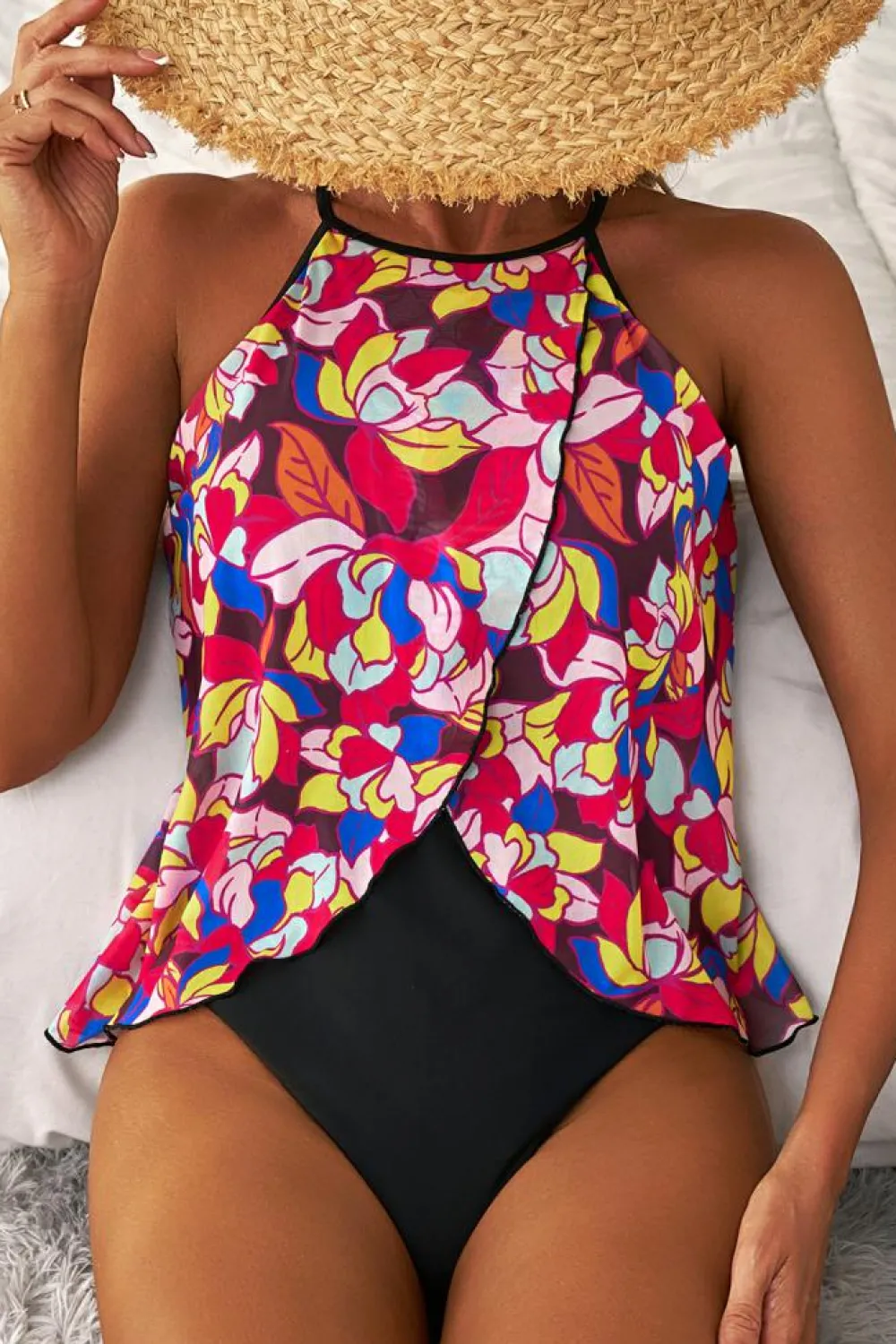 New Dear-Lover Floral Print O Neck Open Back One Piece Swimsuit Purple