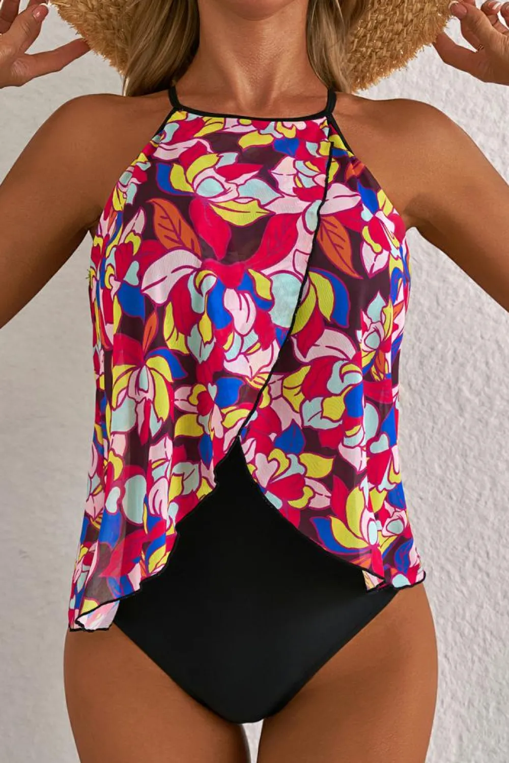 New Dear-Lover Floral Print O Neck Open Back One Piece Swimsuit Purple