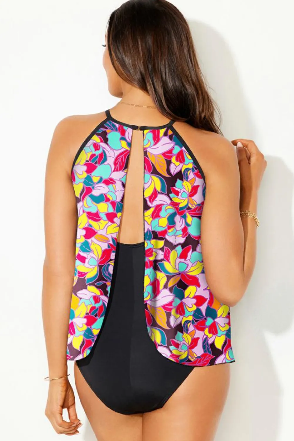 New Dear-Lover Floral Print O Neck Open Back One Piece Swimsuit Purple